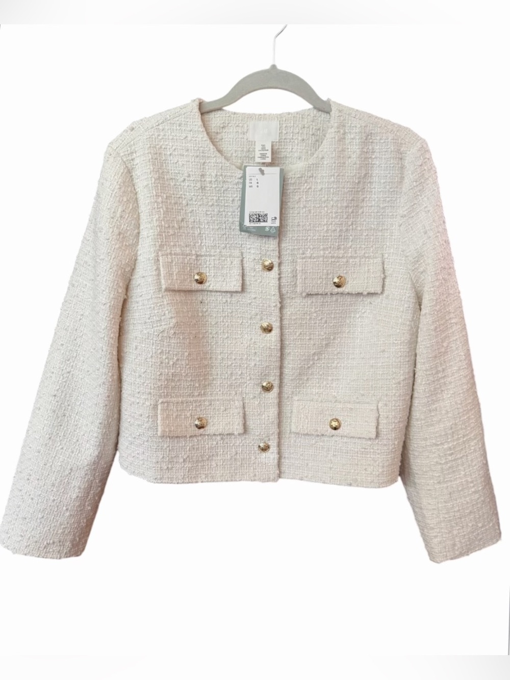 NWT H&M ivory Bouclé Textured-Weave Jacket With Gold Buttons. Size Large.